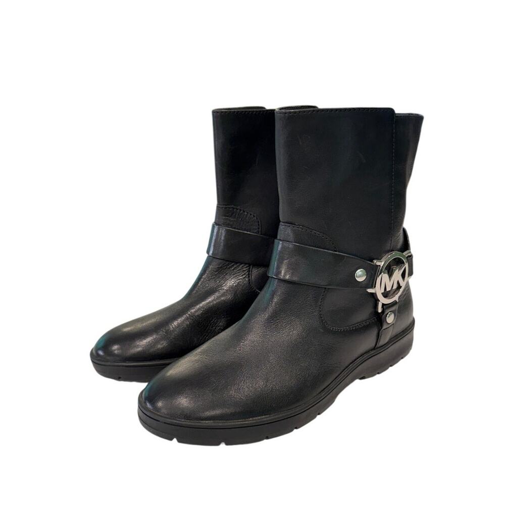 Michael Kors Fulton Biker Booties Black Leather MK Harness Boots 7.5 - Picture 4 of 8